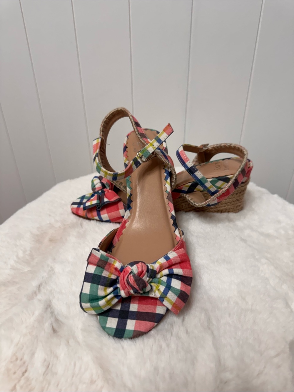 crown & ivy Multicolor Plaid Knot Espadrille Wedges